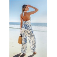 Toile Print Halter Neck Straight Leg Jumpsuit