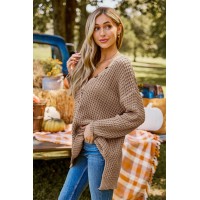 Light Brown V-Neck Long Sleeve Henley Sweater