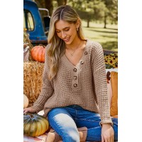 Light Brown V-Neck Long Sleeve Henley Sweater